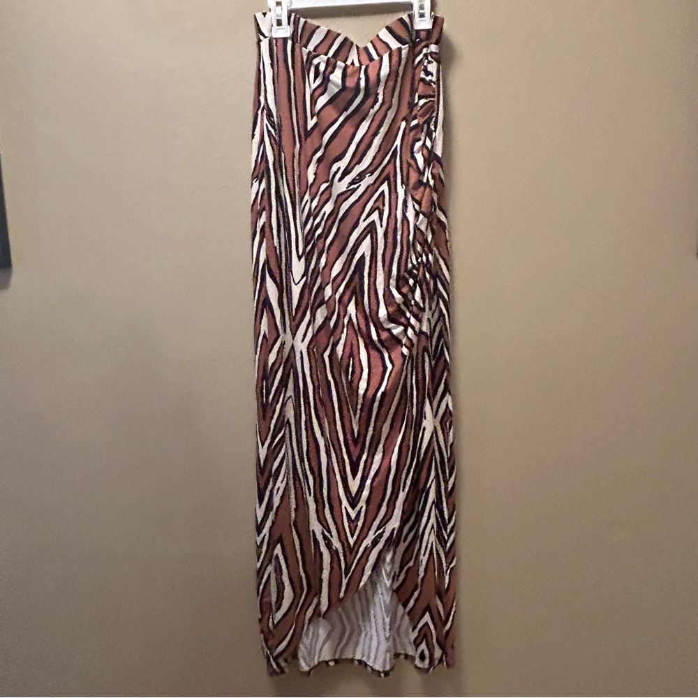 Worthington Abstract Print Ruched Slit Stretch Maxi Brown Black Skirt